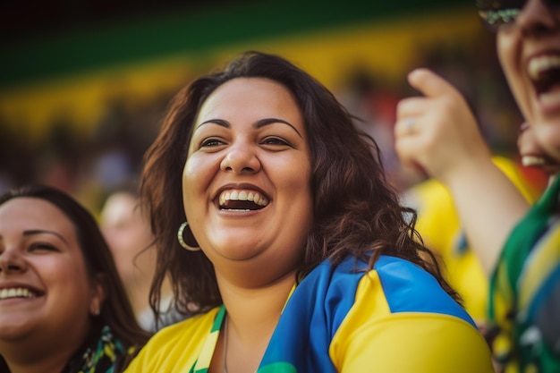 Aficionadas brasileñas al fútbol en un estadio de la Copa del Mundo apoyando al equipo nacional