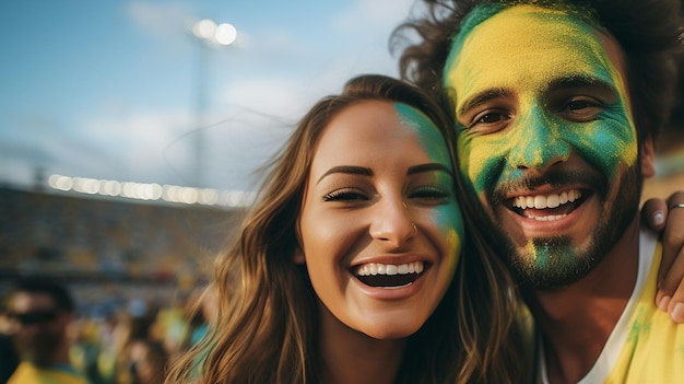 Aficionadas brasileñas al fútbol en un estadio de la Copa del Mundo apoyando al equipo nacional