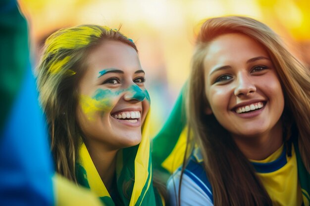 Aficionadas brasileñas al fútbol en un estadio de la Copa del Mundo apoyando al equipo nacional