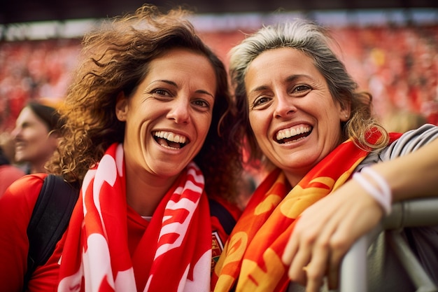 Aficionadas españolas de fútbol en un estadio de la Copa del Mundo celebrando la victoria de la selección española de fútbol