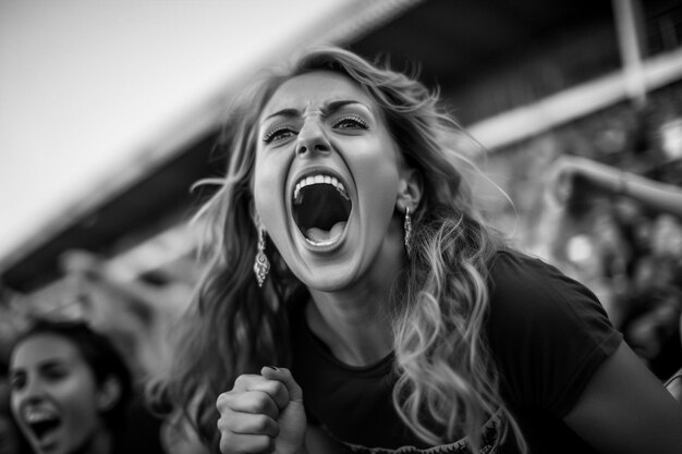 Foto aficionadas españolas de fútbol en un estadio de la copa del mundo celebrando la victoria de la selección española de fútbol