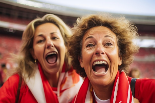 Aficionadas españolas de fútbol en un estadio de la Copa del Mundo celebrando la victoria de la selección española de fútbol