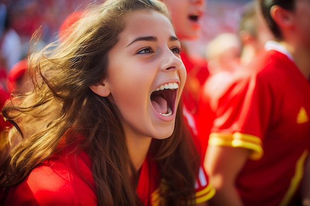 Aficionadas españolas de fútbol en un estadio de la Copa del Mundo celebrando la victoria de la selección española de fútbol