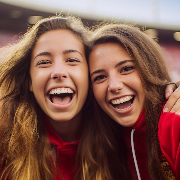 Aficionadas españolas de fútbol en un estadio de la Copa del Mundo celebrando la victoria de la selección española de fútbol