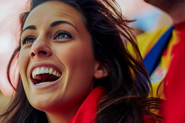 Foto aficionadas españolas de fútbol en un estadio de la copa del mundo celebrando la victoria de la selección española de fútbol