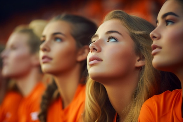 Foto aficionadas holandesas al fútbol en un estadio de la copa del mundo apoyando al equipo nacional