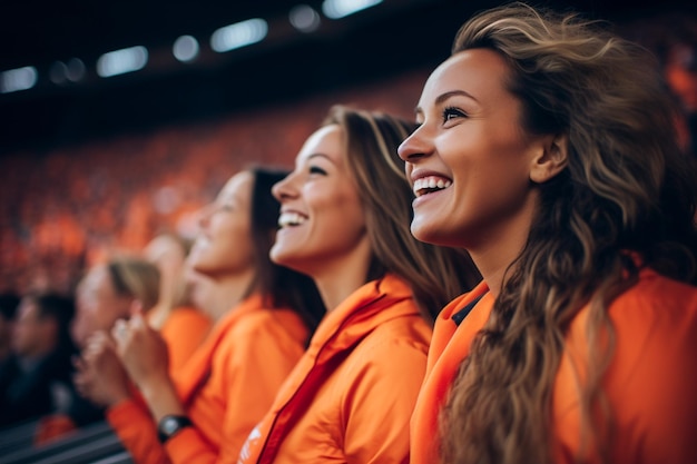 Foto aficionadas holandesas al fútbol en un estadio de la copa del mundo apoyando al equipo nacional