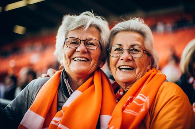 Aficionadas holandesas al fútbol en un estadio de la Copa del Mundo apoyando al equipo nacional