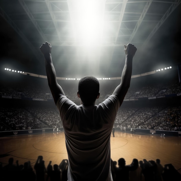 Aficionado al baloncesto del estadio en las gradas levantando las manos