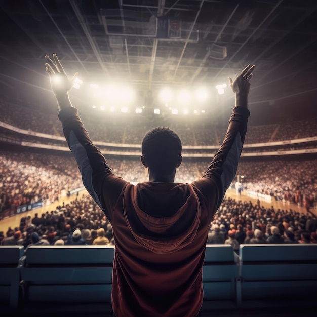 Aficionado al baloncesto del estadio en las gradas levantando las manos