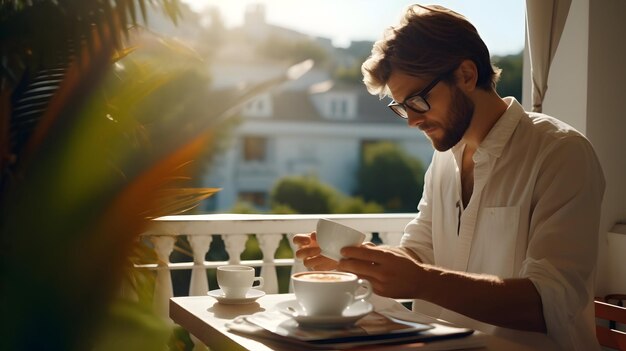 Un aficionado al café en un balcón panorámico