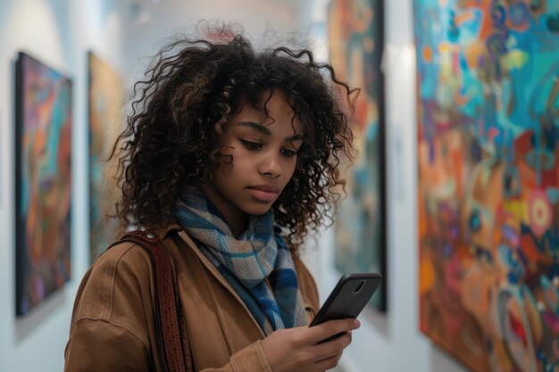 Aficionado contemplando peças de galeria de arte