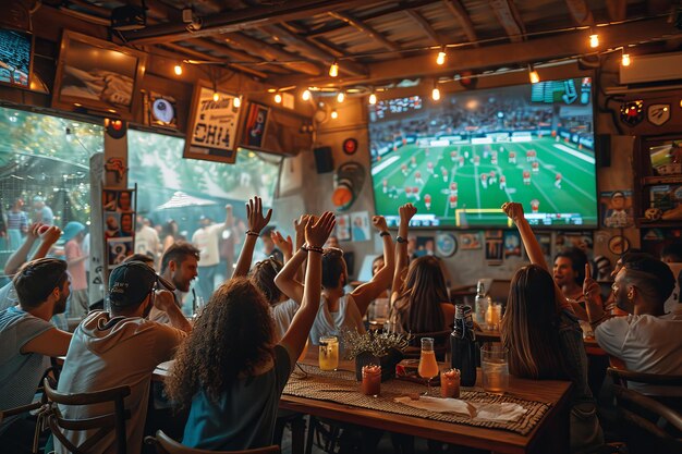 Foto aficionados al deporte animando a un fútbol o fútbol en un restaurante mientras el equipo gana ia generativa