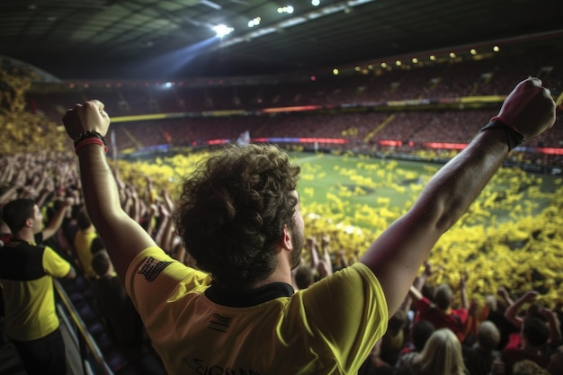 Los aficionados al deporte aplauden y celebran un torneo ganador en el estadio AI generativa