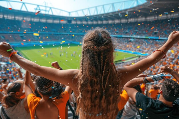 Los aficionados al deporte celebran mientras ganan fútbol y concepto de fútbol IA generativa