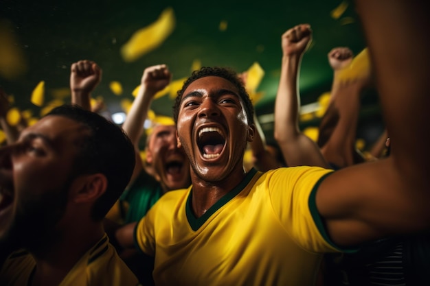 Aficionados al fútbol brasileños emocionados vitoreando con los brazos levantados en un estadio de fútbol generado por Ai