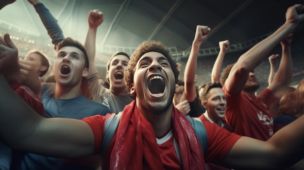 Aficionados al fútbol en el estadio gritando y vitoreando