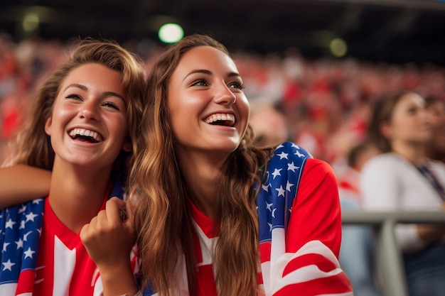 Aficionados al fútbol femenino americano en un estadio de la Copa del Mundo apoyando a la selección nacional