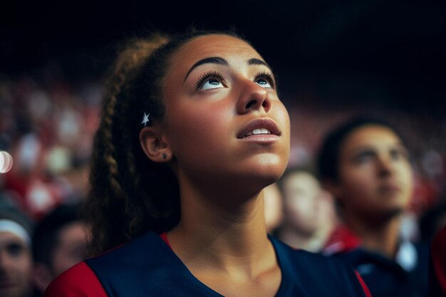 Aficionados al fútbol femenino americano en un estadio de la Copa del Mundo apoyando a la selección nacional