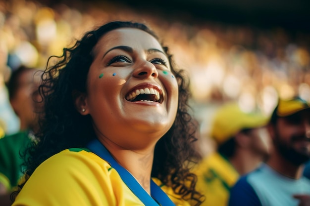 Aficionados al fútbol femenino brasileño en un estadio de la Copa del Mundo apoyando al equipo nacional