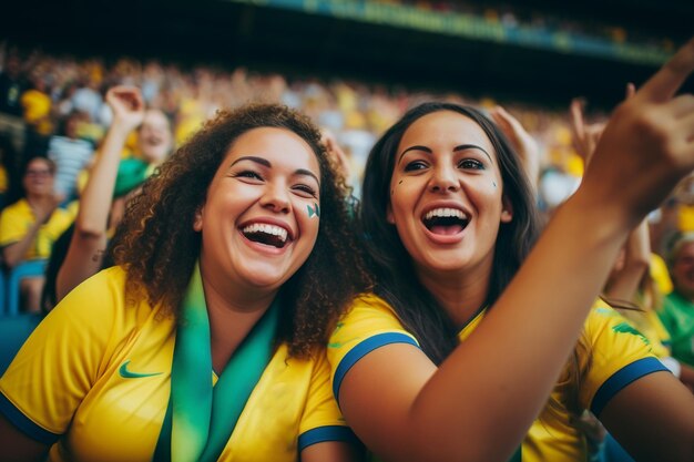 Aficionados al fútbol femenino brasileño en un estadio de la Copa del Mundo apoyando a la selección nacional