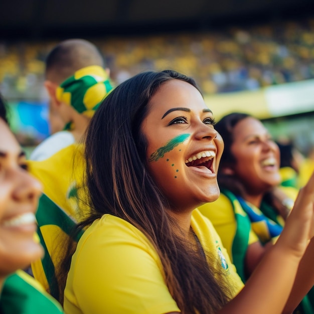 Aficionados al fútbol femenino brasileño en un estadio de la Copa del Mundo apoyando a la selección nacional