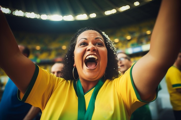 Aficionados al fútbol femenino brasileño en un estadio de la Copa del Mundo apoyando a la selección nacional