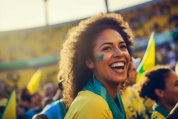 Aficionados al fútbol femenino brasileño en un estadio de la Copa del Mundo apoyando a la selección nacional