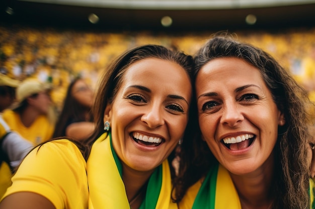 Foto aficionados al fútbol femenino brasileño en un estadio de la copa del mundo apoyando a la selección nacional