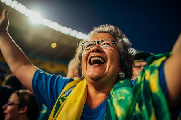 Foto aficionados al fútbol femenino brasileño en un estadio de la copa del mundo apoyando a la selección nacional