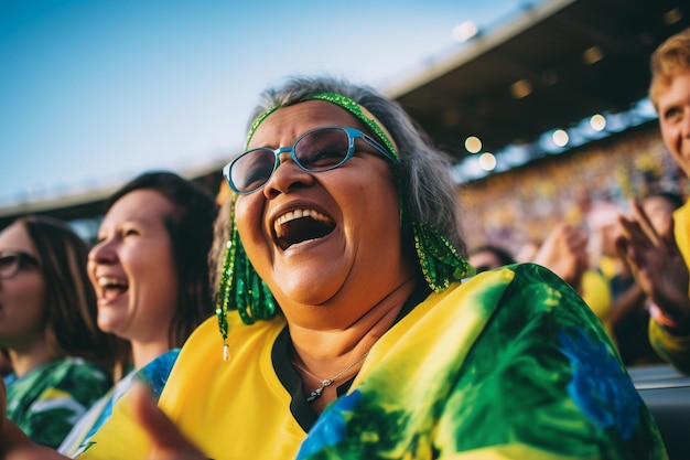 Foto aficionados al fútbol femenino brasileño en un estadio de la copa del mundo apoyando a la selección nacional