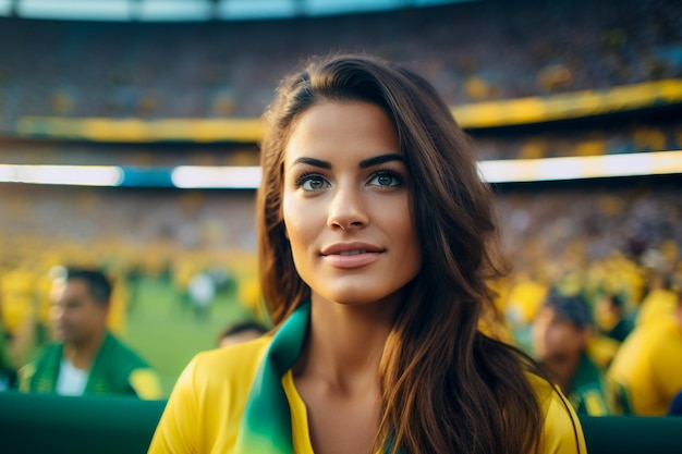 Aficionados al fútbol femenino brasileño en un estadio de la Copa del Mundo apoyando a la selección nacional