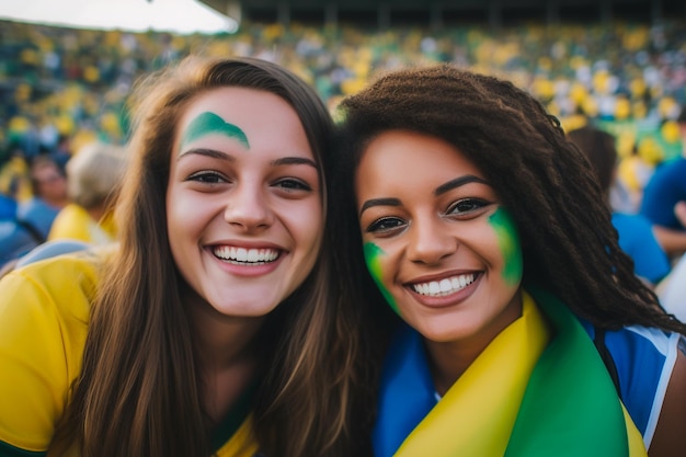 Aficionados al fútbol femenino brasileño en un estadio de la Copa del Mundo apoyando a la selección nacional