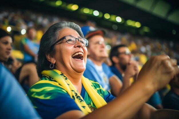 Aficionados al fútbol femenino brasileño en un estadio de la Copa del Mundo apoyando a la selección nacional