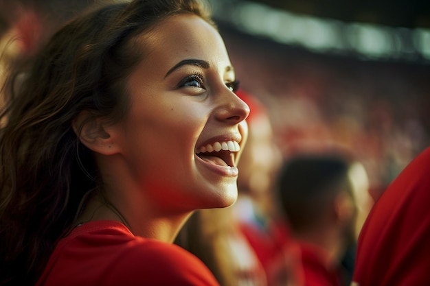 Aficionados al fútbol femenino español en un estadio de la Copa del Mundo celebrando la victoria del equipo nacional español de fútbol