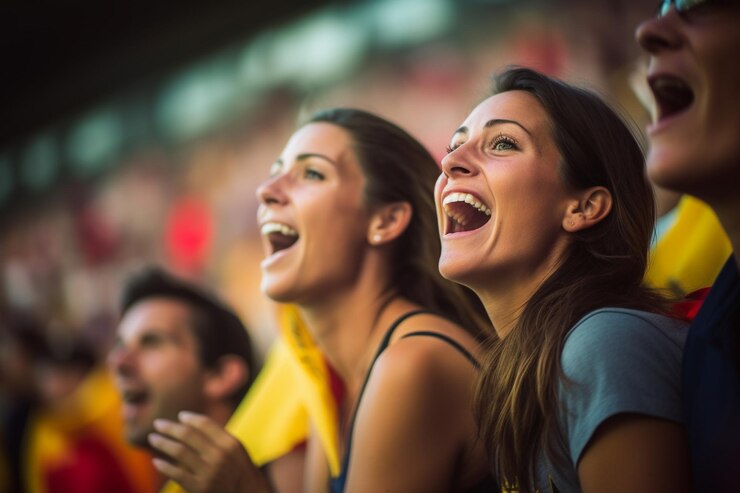 Foto aficionados al fútbol femenino español en un estadio de la copa del mundo celebrando la victoria del equipo nacional español de fútbol