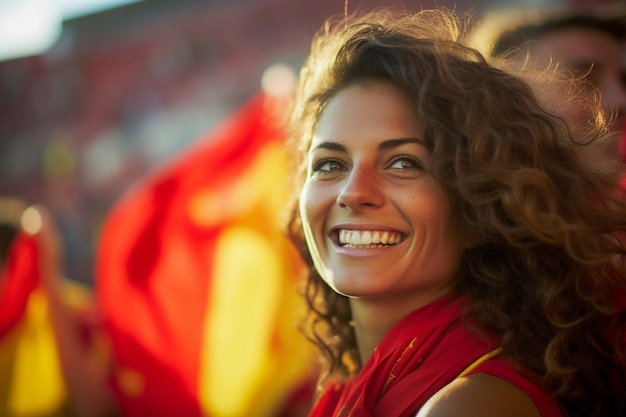 Aficionados al fútbol femenino español en un estadio de la Copa del Mundo celebrando la victoria del equipo nacional español de fútbol