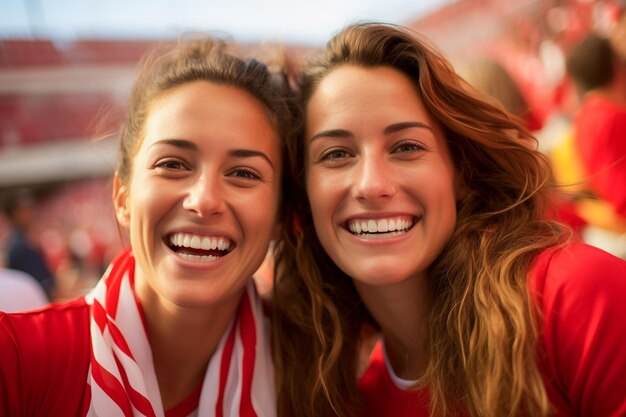 Aficionados al fútbol femenino español en un estadio de la Copa del Mundo celebrando la victoria del equipo nacional español de fútbol