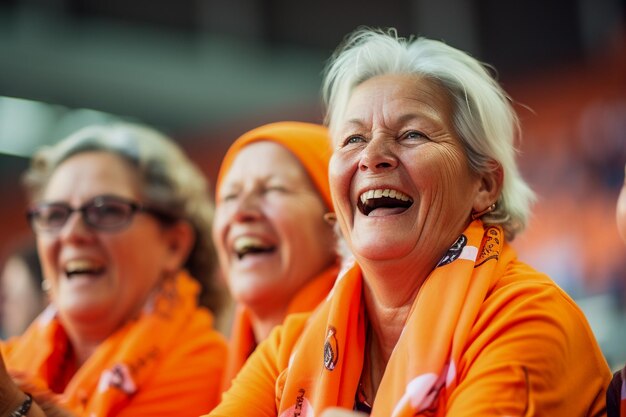 Aficionados al fútbol femenino holandés en un estadio de la Copa del Mundo apoyando a la selección nacional