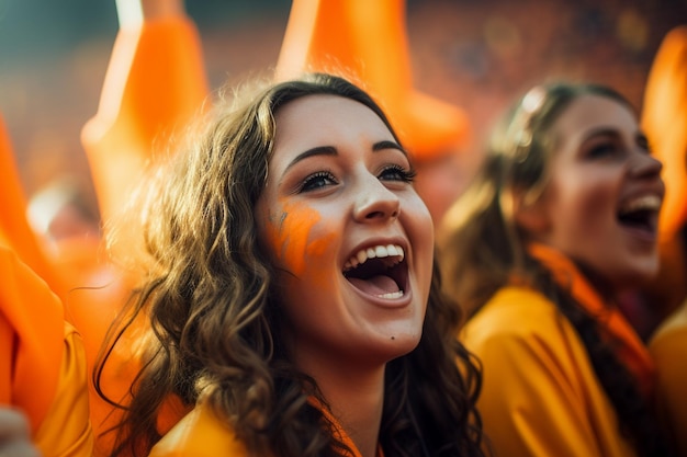 Aficionados al fútbol femenino holandés en un estadio de la Copa del Mundo apoyando a la selección nacional