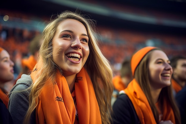 Aficionados al fútbol femenino holandés en un estadio de la Copa del Mundo apoyando a la selección nacional