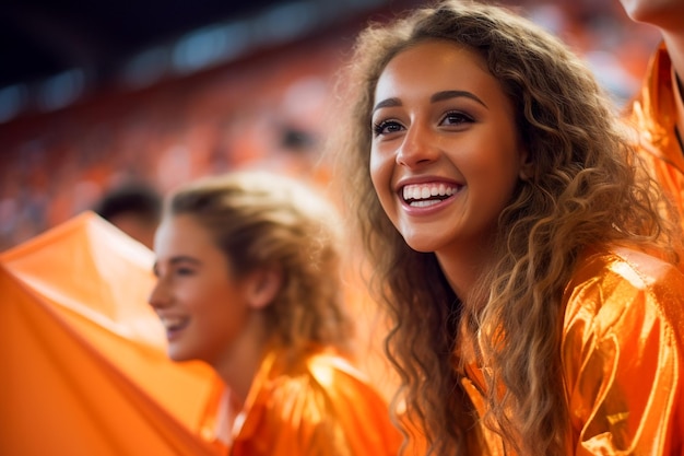 Aficionados al fútbol femenino holandés en un estadio de la Copa del Mundo apoyando a la selección nacional