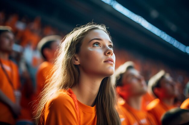 Aficionados al fútbol femenino holandés en un estadio de la Copa del Mundo apoyando a la selección nacional