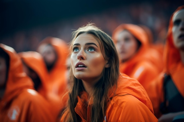 Aficionados al fútbol femenino holandés en un estadio de la Copa del Mundo apoyando a la selección nacional