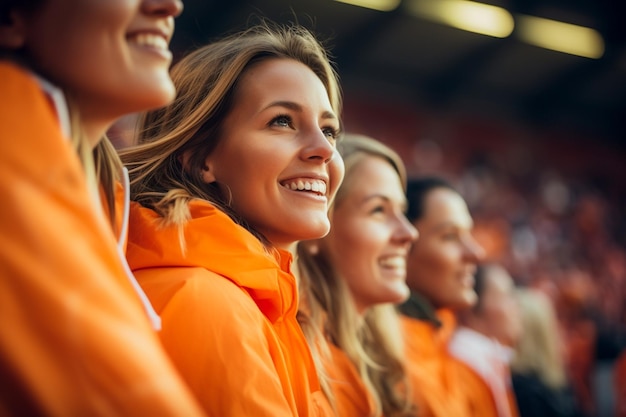 Aficionados al fútbol femenino holandés en un estadio de la Copa del Mundo apoyando a la selección nacional