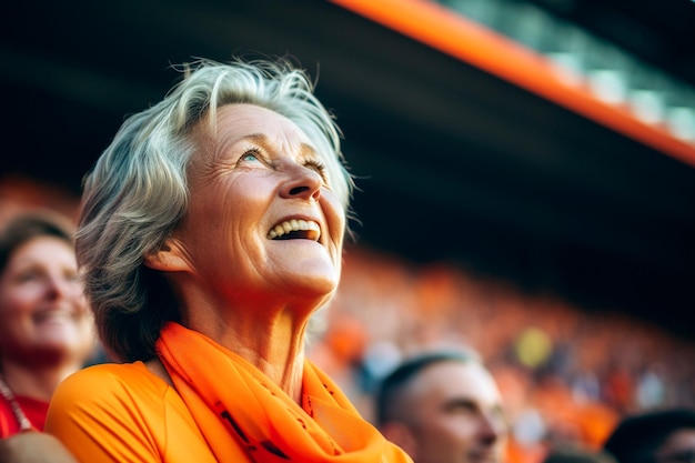 Aficionados al fútbol femenino holandés en un estadio de la Copa del Mundo apoyando a la selección nacional