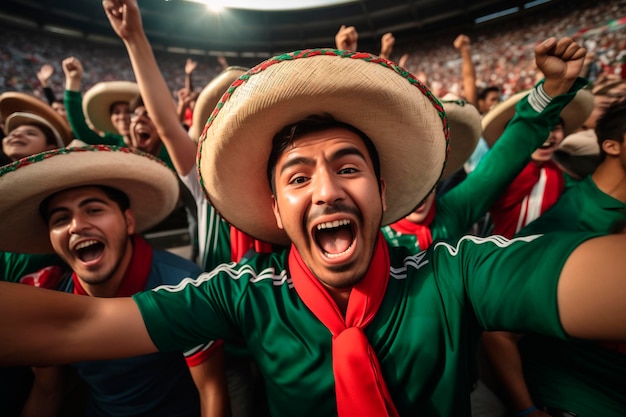 Aficionados al fútbol latinoamericano de México celebrando un gol dentro de un estadio