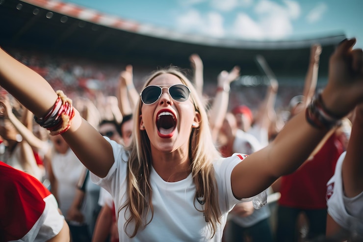 Foto aficionados al partido y mujeres jugando al fútbol en la copa del mundo de fútbol profesional
