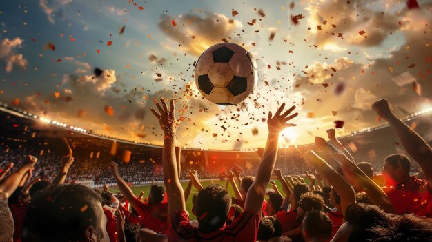 Foto los aficionados aplauden en un estadio de fútbol mientras una pelota se eleva por encima con confeti