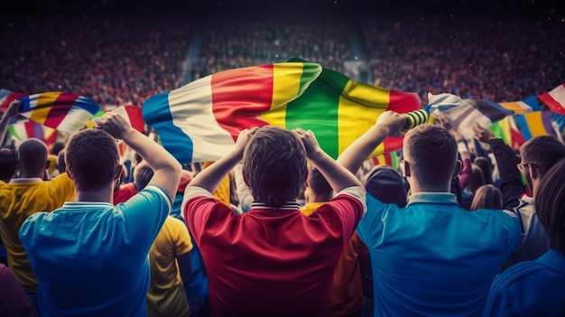 Aficionados en un estadio deportivo con una bandera